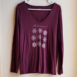 LOFT Maroon V-Neck Long Sleeve Top with Silver Snowflake Graphic